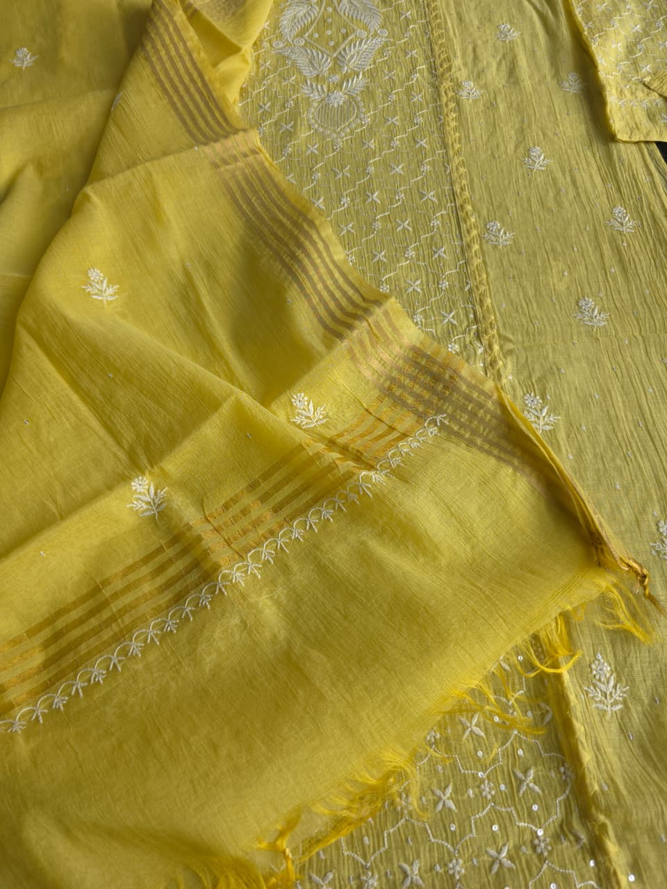 Olive Yellow mul chanderi Kurta dupatta set with extremly fine chikanwork