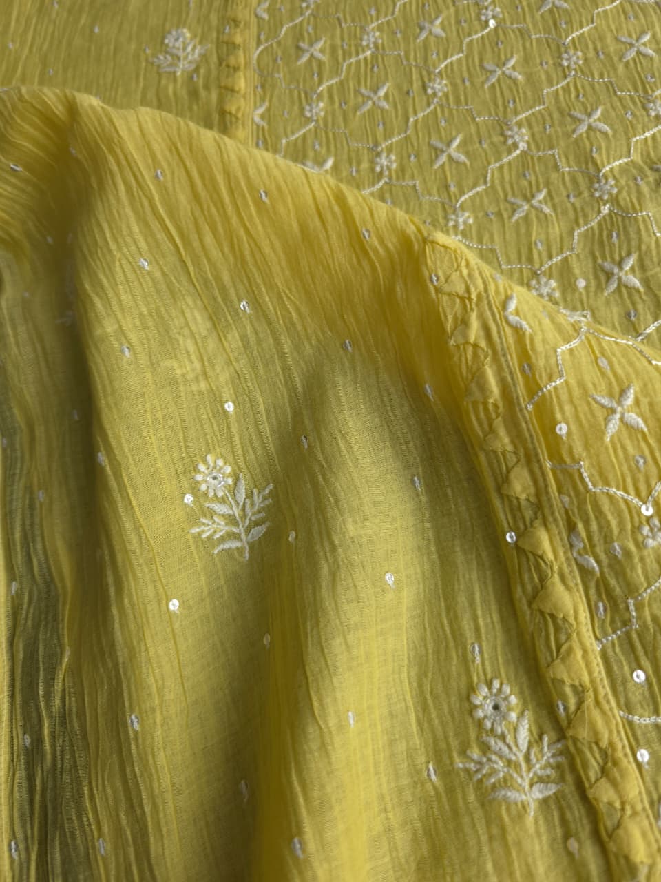 Olive Yellow mul chanderi Kurta dupatta set with extremly fine chikanwork