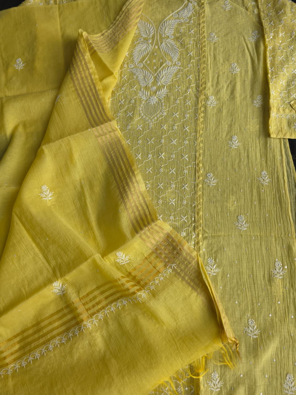 Olive Yellow mul chanderi Kurta dupatta set with extremly fine chikanwork