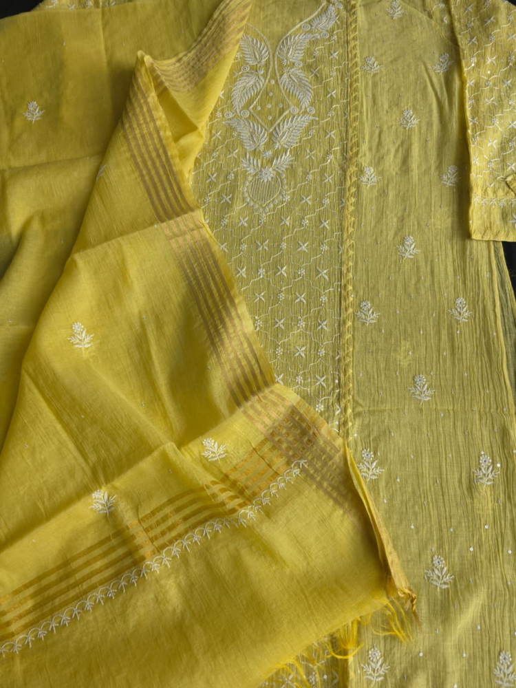 Image of Olive Yellow mul chanderi Kurta dupatta set with extremly fine chikanwork