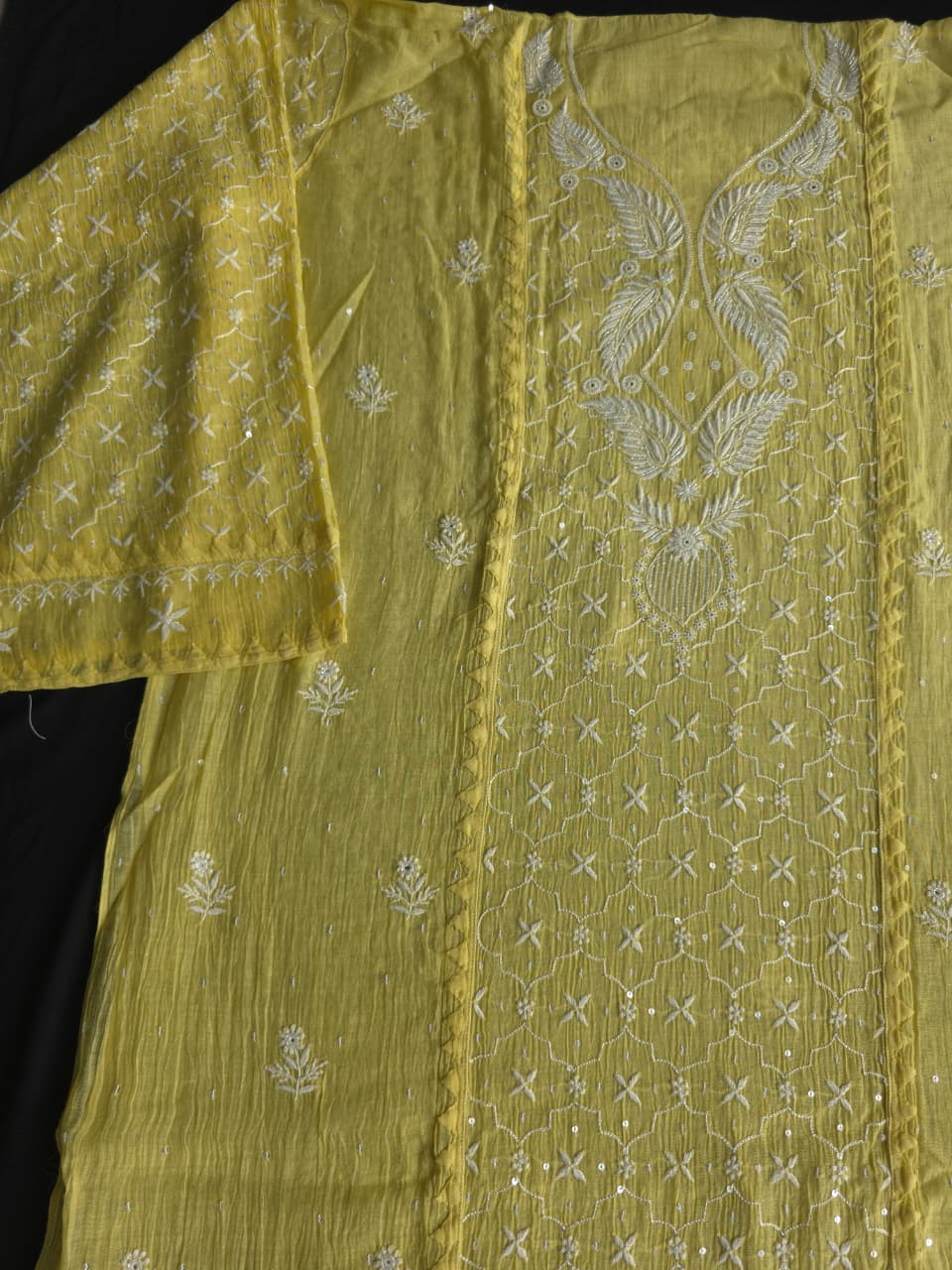 Olive Yellow mul chanderi Kurta dupatta set with extremly fine chikanwork