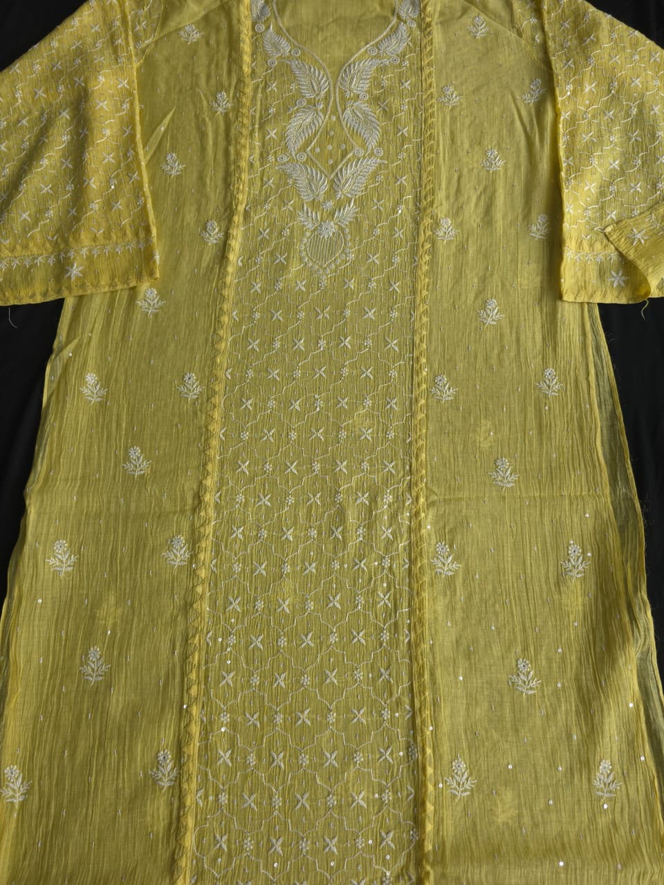 Olive Yellow mul chanderi Kurta dupatta set with extremly fine chikanwork