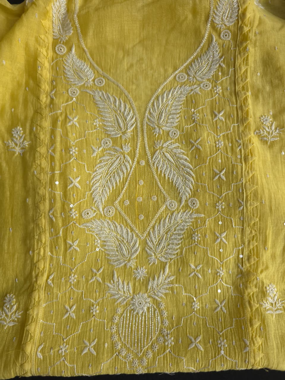 Olive Yellow mul chanderi Kurta dupatta set with extremly fine chikanwork