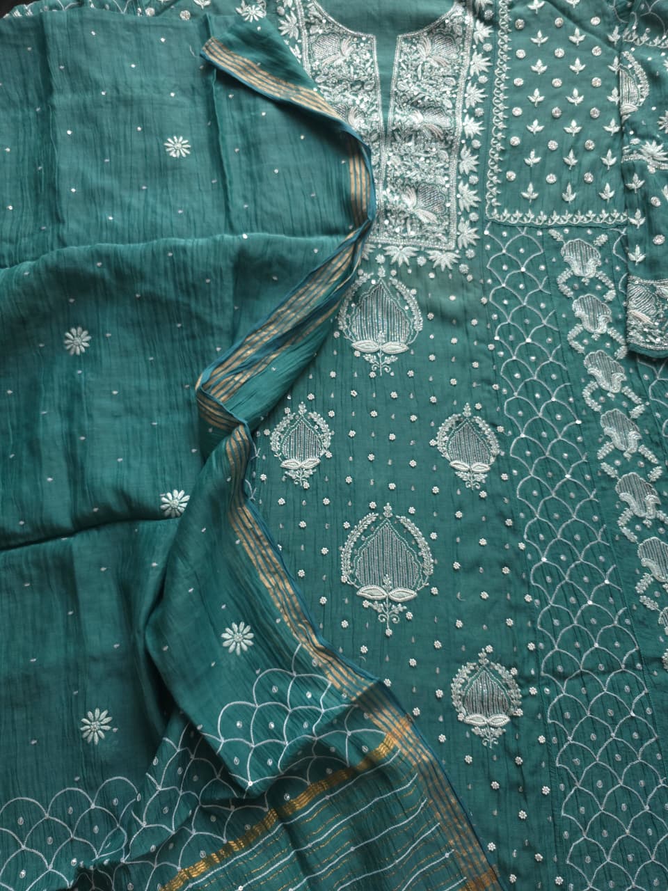 Green Mul Chanderi Full embroidered anarkali with Add on