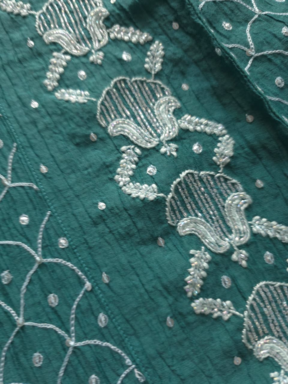 Green Mul Chanderi Full embroidered anarkali with Add on