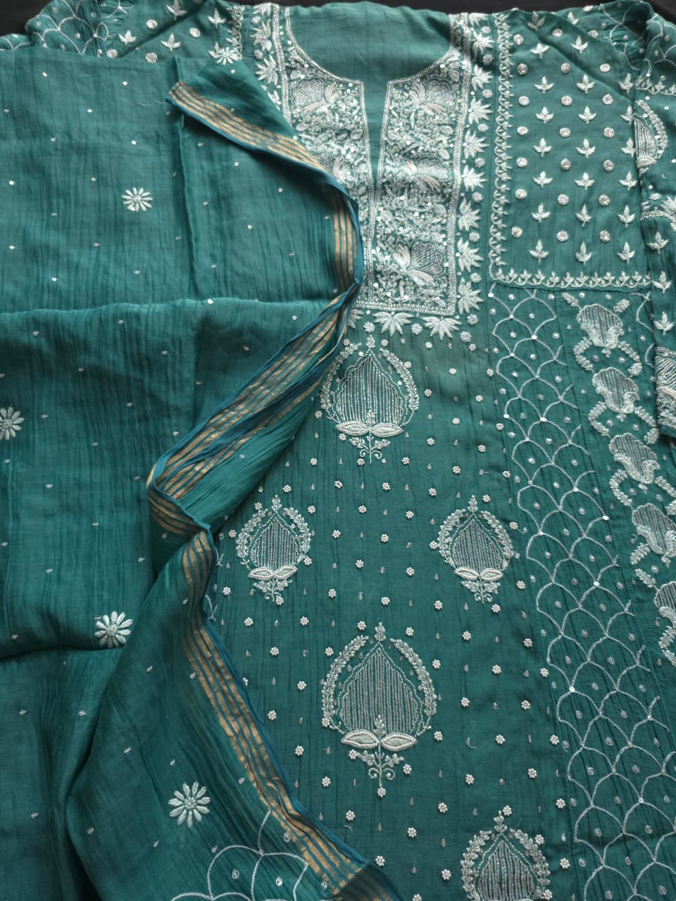 Green Mul Chanderi Full embroidered anarkali with Add on