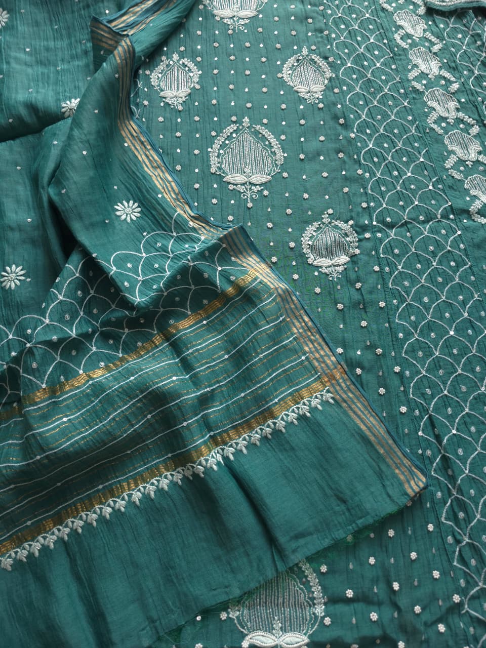 Green Mul Chanderi Full embroidered anarkali with Add on