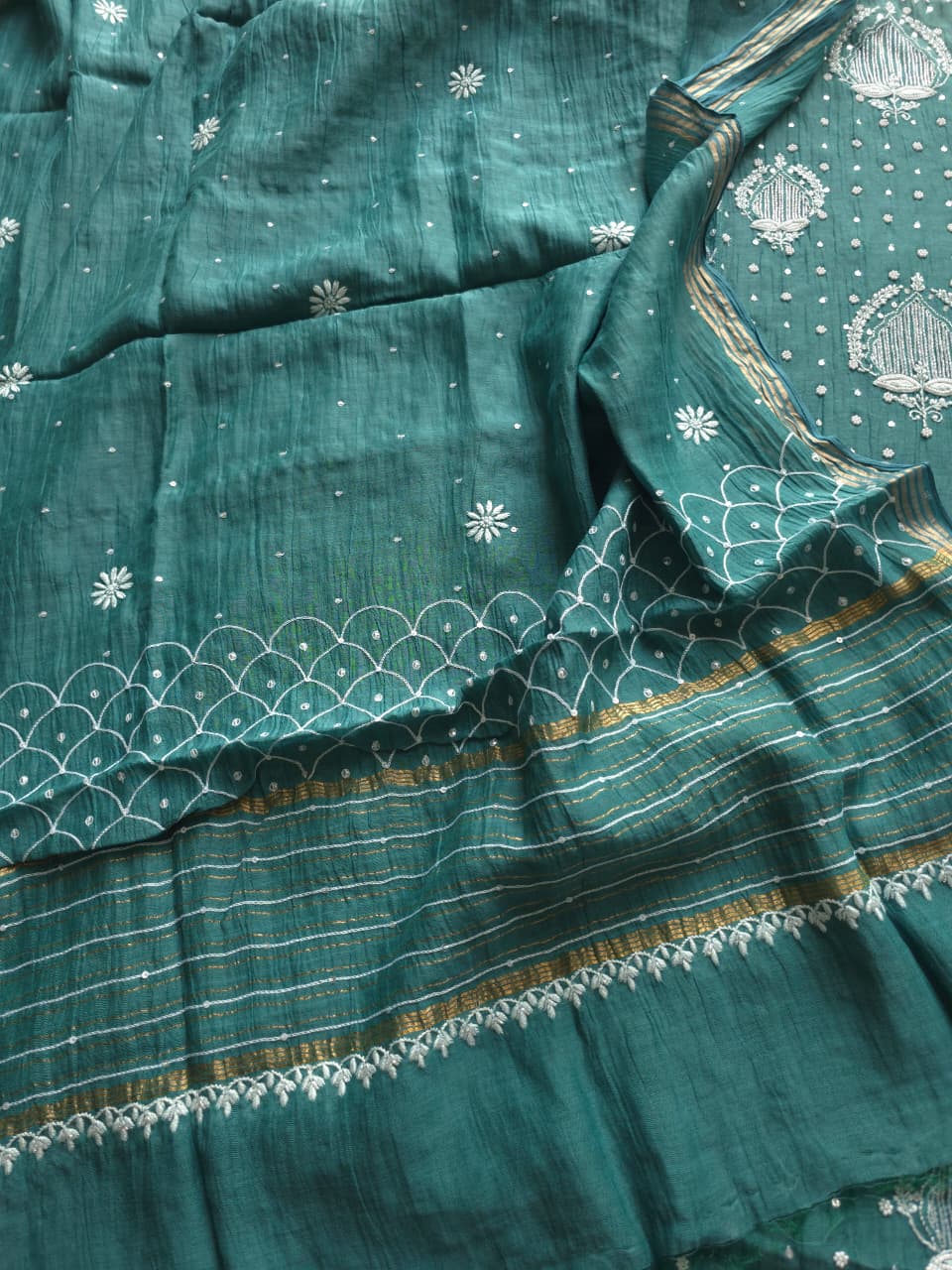 Green Mul Chanderi Full embroidered anarkali with Add on
