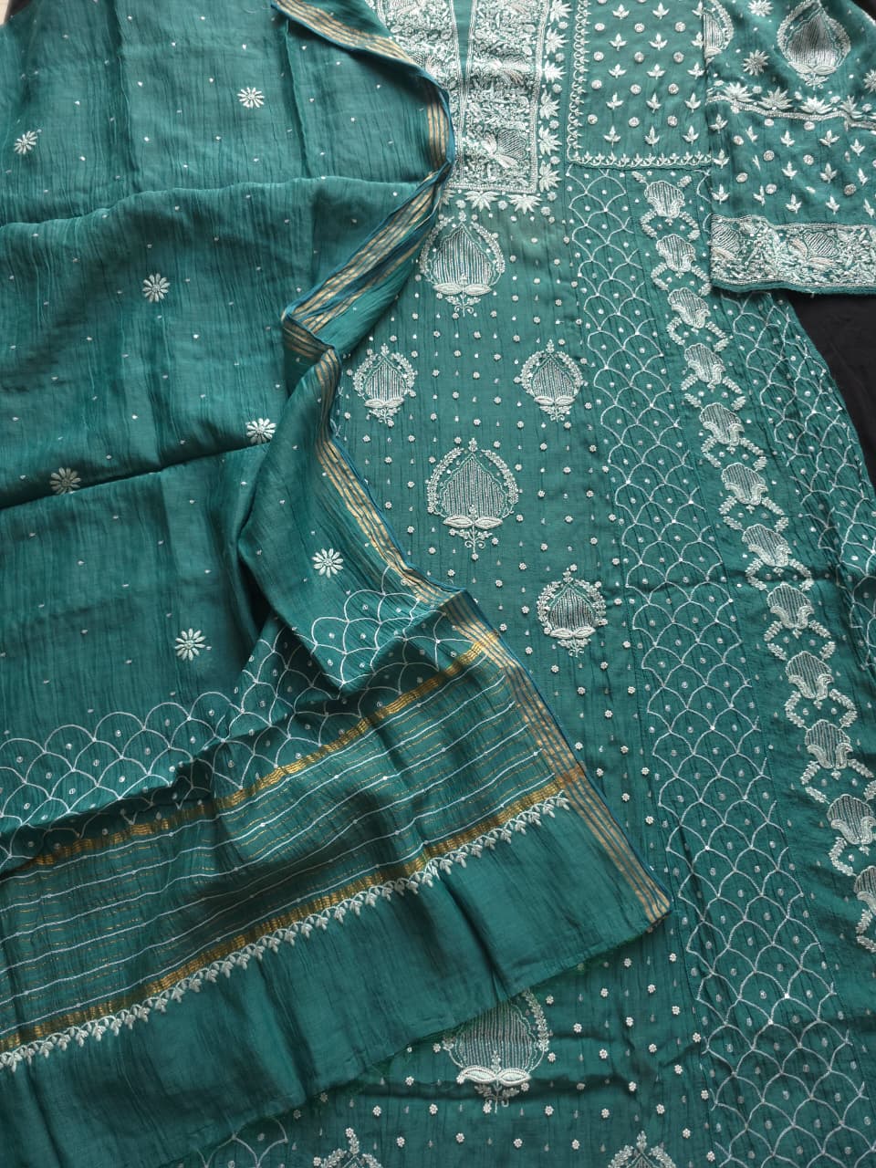 Green Mul Chanderi Full embroidered anarkali with Add on