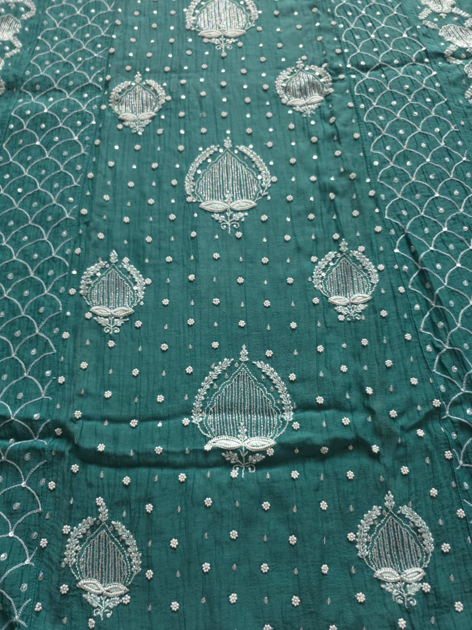 Green Mul Chanderi Full embroidered anarkali with Add on