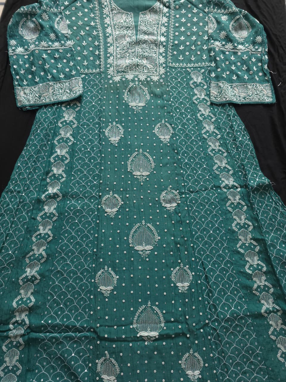 Green Mul Chanderi Full embroidered anarkali with Add on