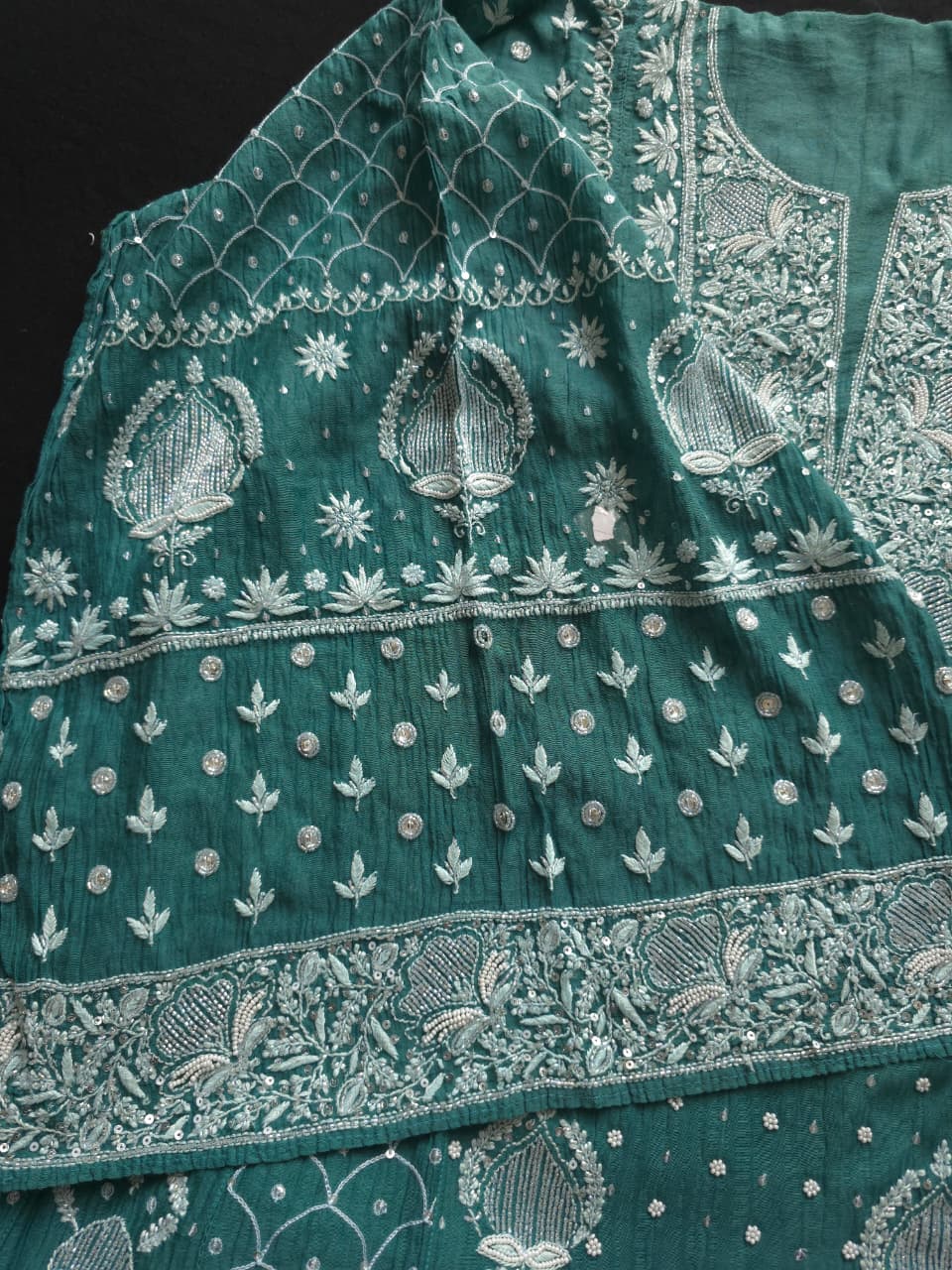 Green Mul Chanderi Full embroidered anarkali with Add on