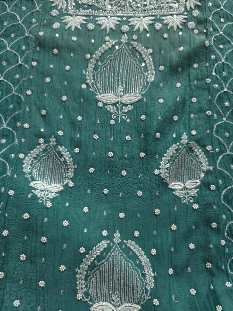 Green Mul Chanderi Full embroidered anarkali with Add on