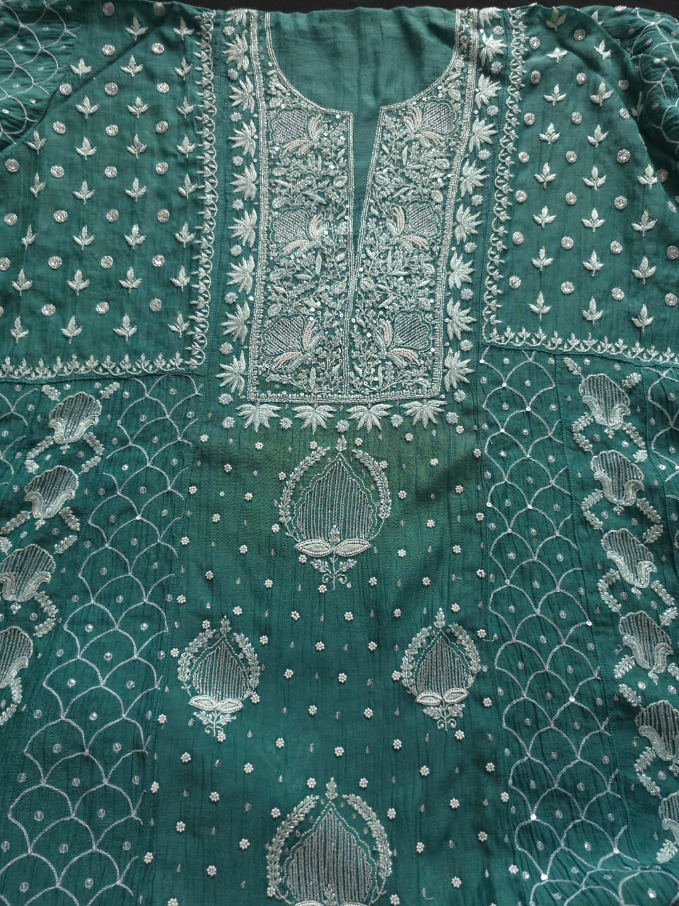 Green Mul Chanderi Full embroidered anarkali with Add on