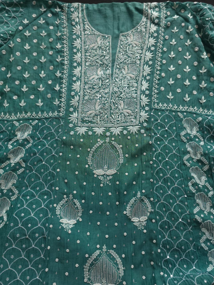 Image of Green Mul Chanderi Full embroidered anarkali with Add on