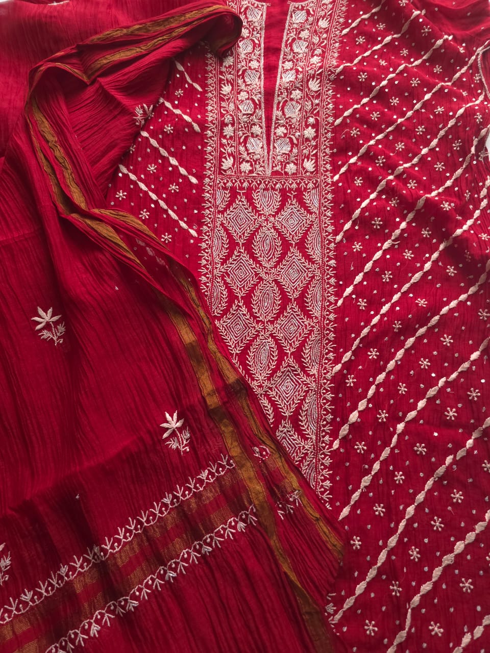 Maroonish Red Mul Chanderi Kurta Dupatta set with hand embroidery