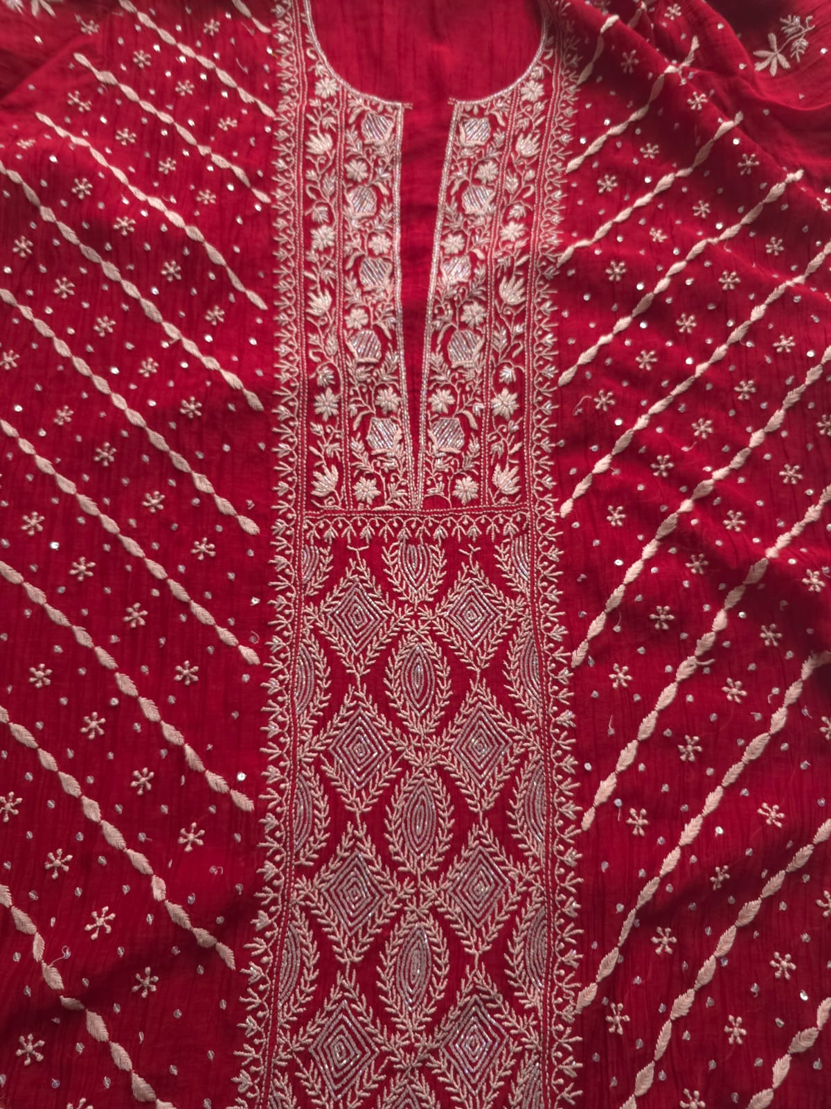 Maroonish Red Mul Chanderi Kurta Dupatta set with hand embroidery