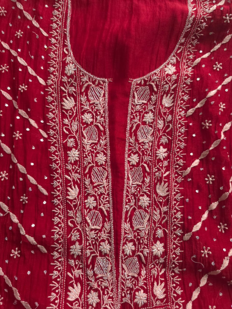 Image of Maroonish Red Mul Chanderi Kurta Dupatta set with hand embroidery