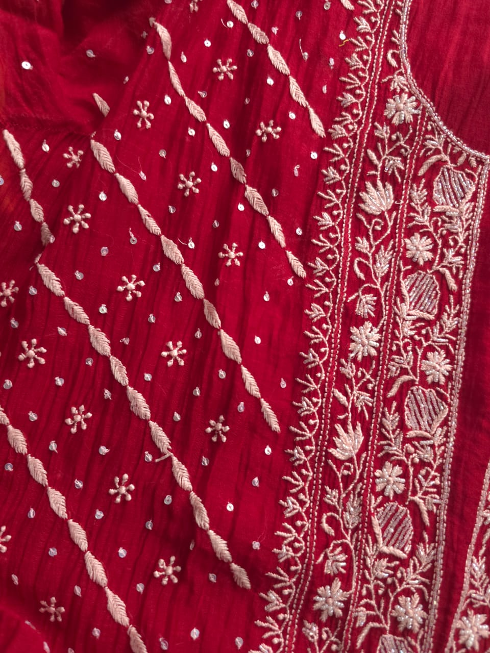 Maroonish Red Mul Chanderi Kurta Dupatta set with hand embroidery