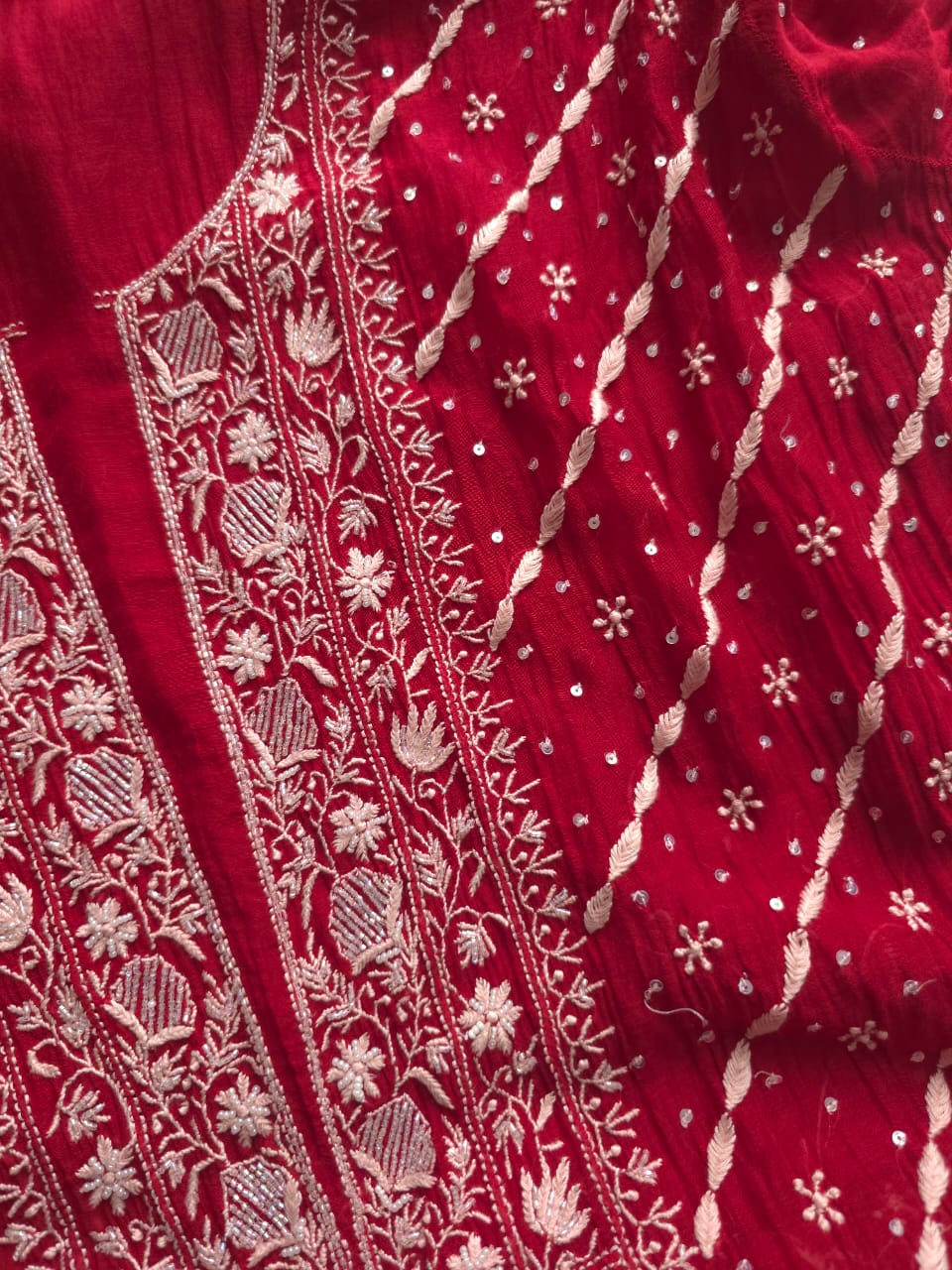 Maroonish Red Mul Chanderi Kurta Dupatta set with hand embroidery