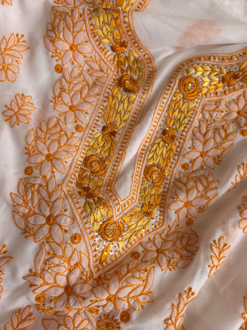 Soft Cotton Designer Kurta and dupatta set with Mustard Chikankari and Parsi neckline