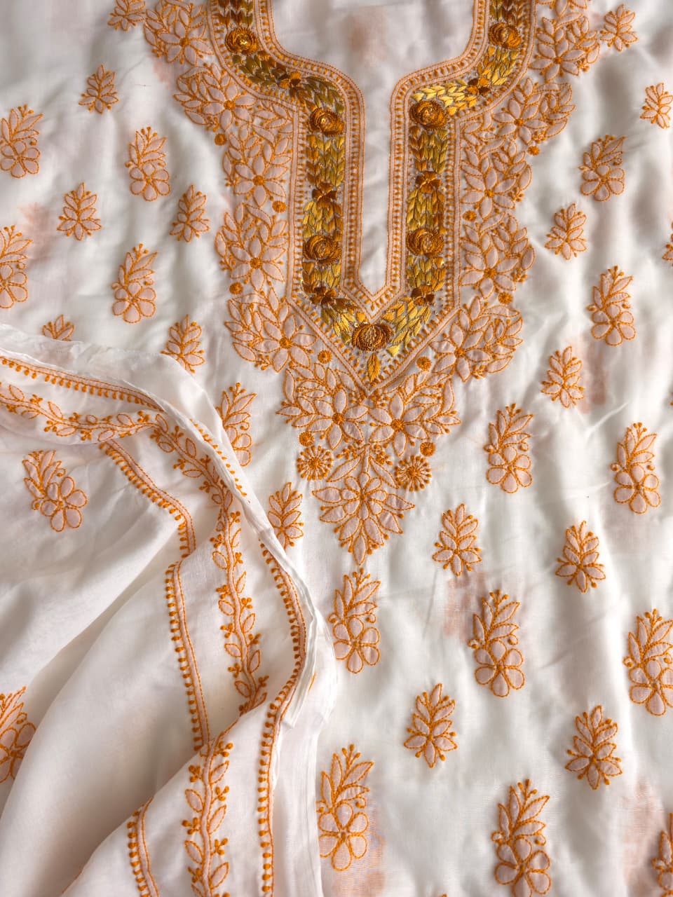 Soft Cotton Designer Kurta and dupatta set with Mustard Chikankari and Parsi neckline