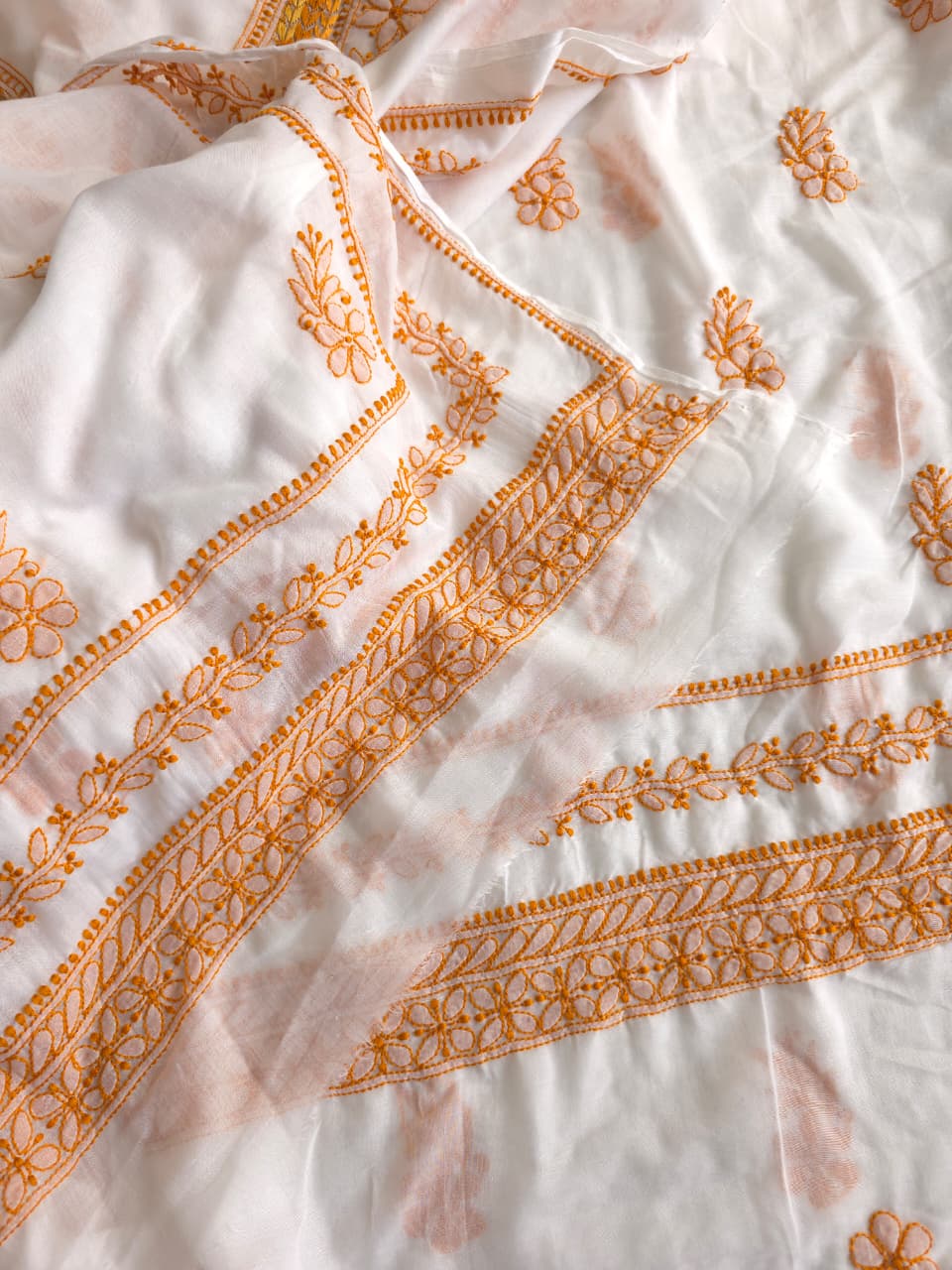 Soft Cotton Designer Kurta and dupatta set with Mustard Chikankari and Parsi neckline