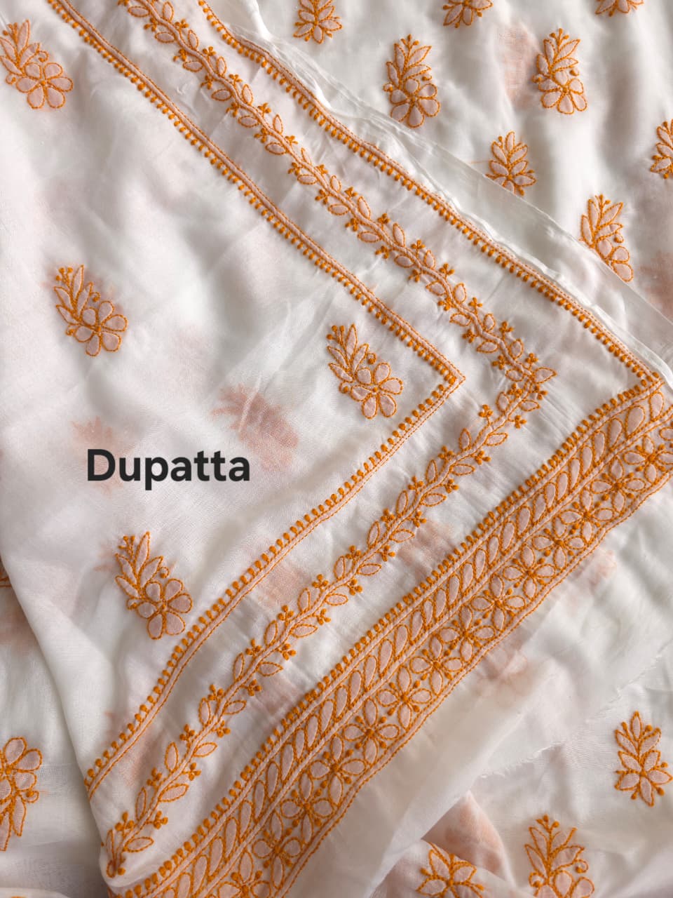 Soft Cotton Designer Kurta and dupatta set with Mustard Chikankari and Parsi neckline