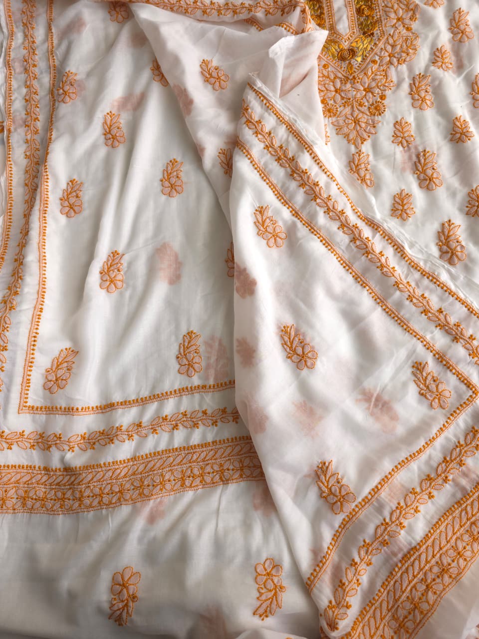 Soft Cotton Designer Kurta and dupatta set with Mustard Chikankari and Parsi neckline