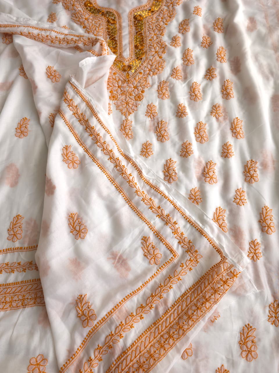 Soft Cotton Designer Kurta and dupatta set with Mustard Chikankari and Parsi neckline