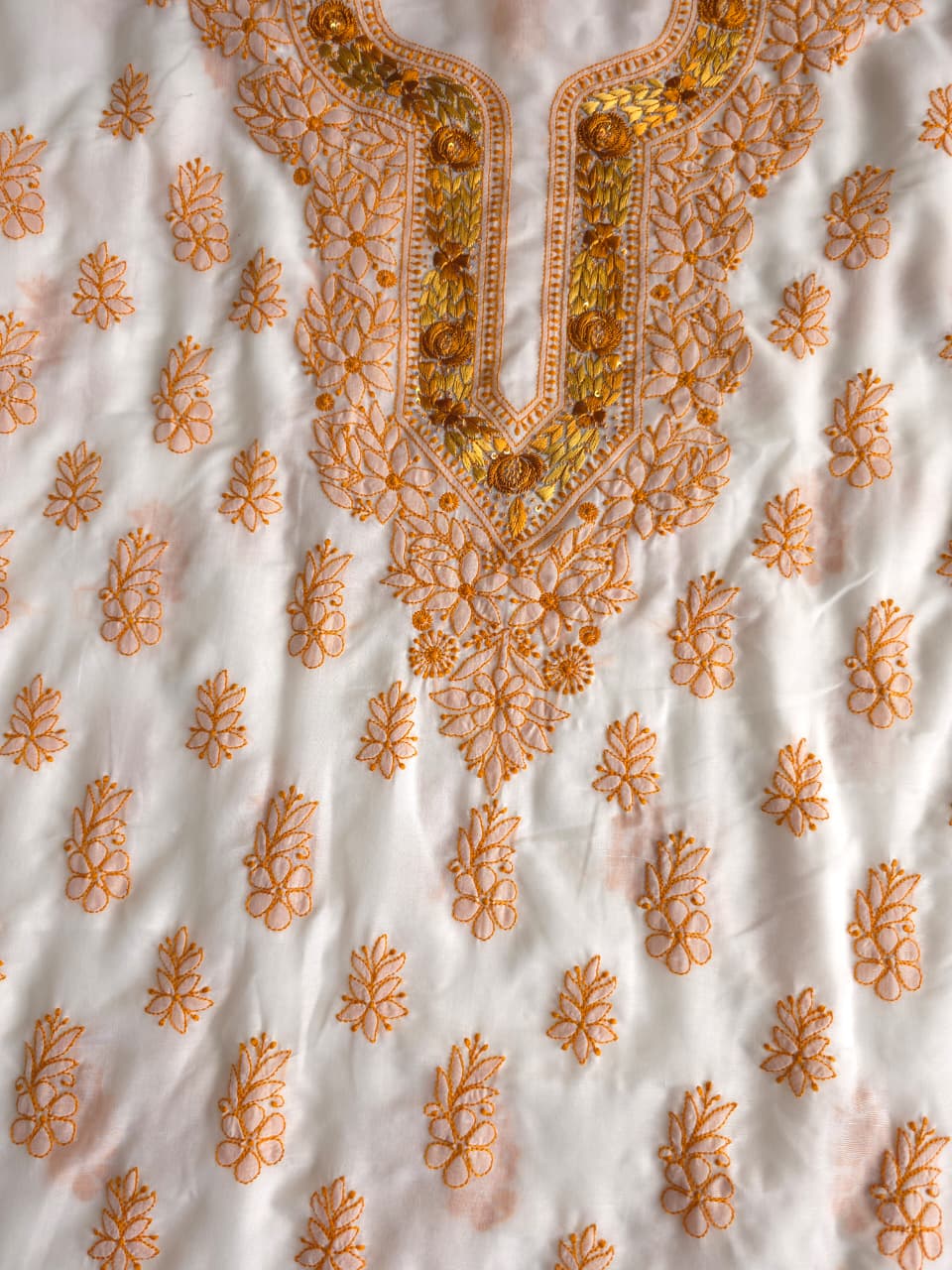 Soft Cotton Designer Kurta and dupatta set with Mustard Chikankari and Parsi neckline