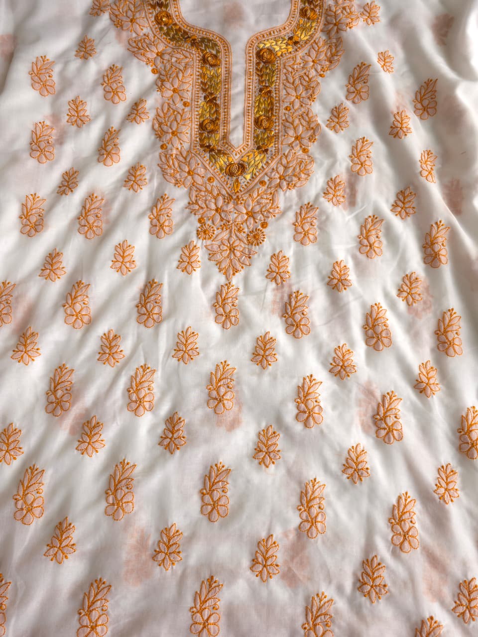 Soft Cotton Designer Kurta and dupatta set with Mustard Chikankari and Parsi neckline