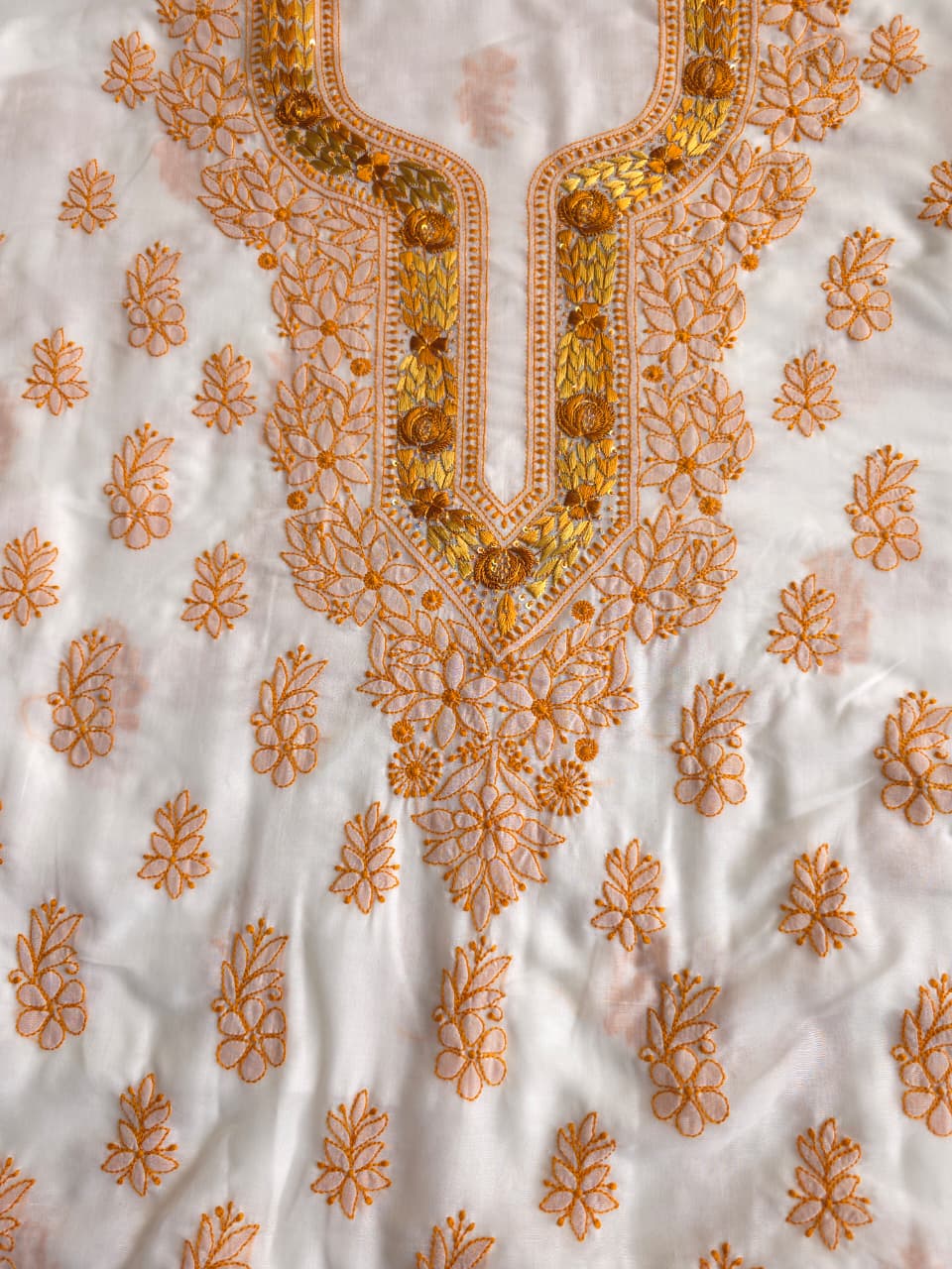 Soft Cotton Designer Kurta and dupatta set with Mustard Chikankari and Parsi neckline