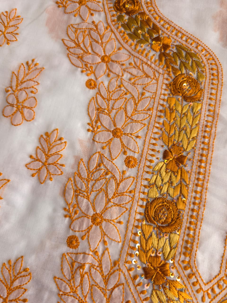 Soft Cotton Designer Kurta and dupatta set with Mustard Chikankari and Parsi neckline