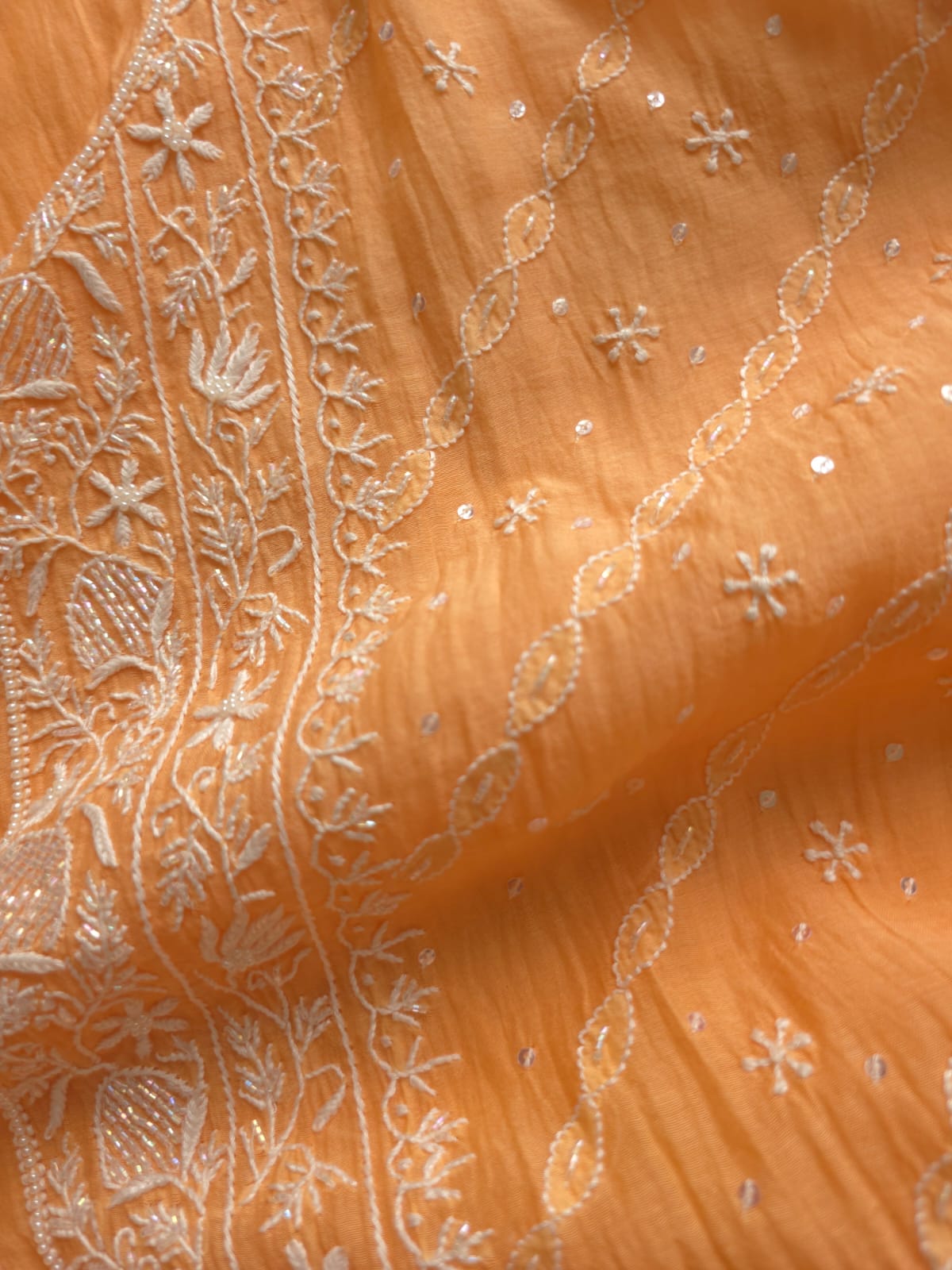 Light Orange Mul chanderi Semistitched set with Handwork