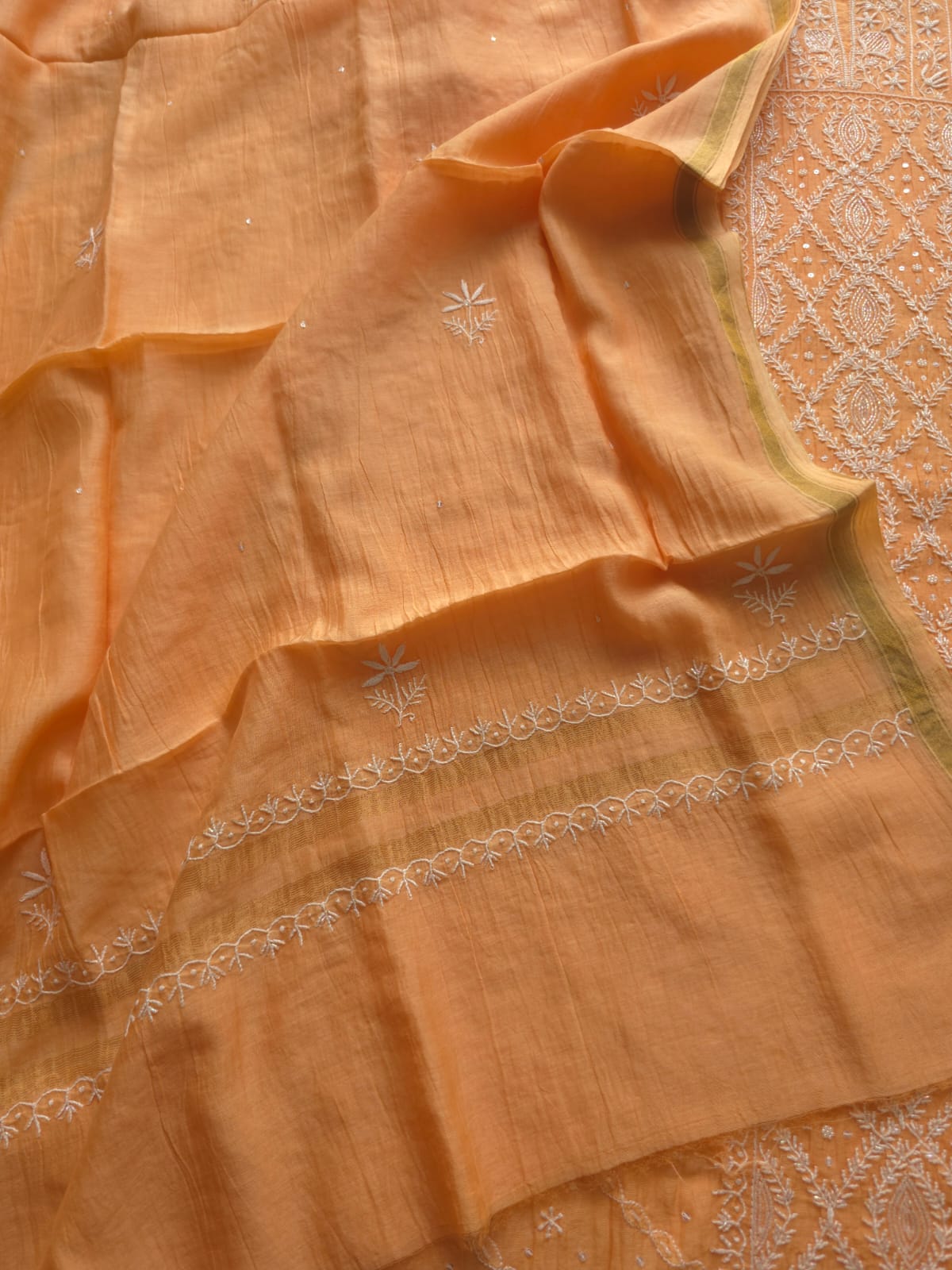 Light Orange Mul chanderi Semistitched set with Handwork