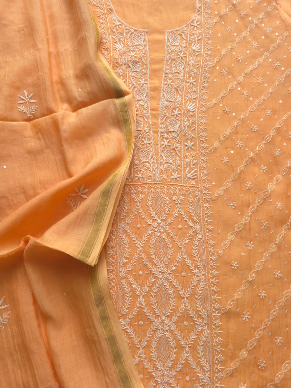 Light Orange Mul chanderi Semistitched set with Handwork