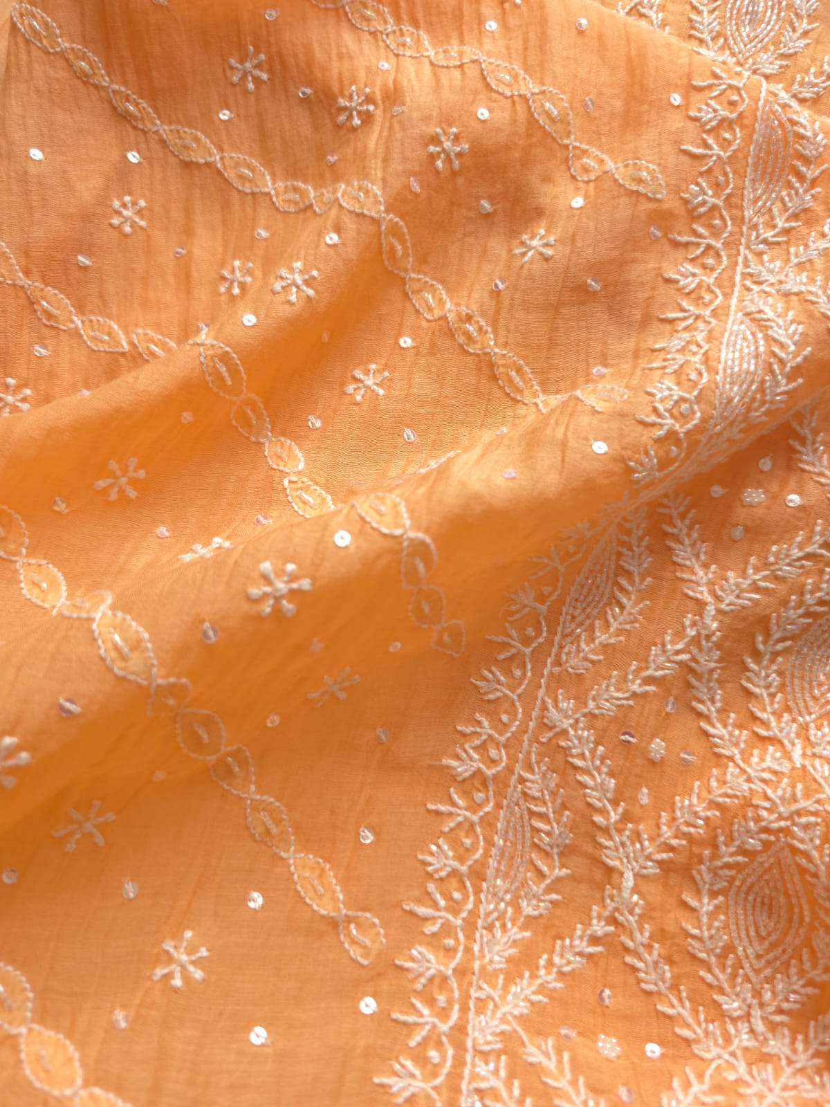 Light Orange Mul chanderi Semistitched set with Handwork