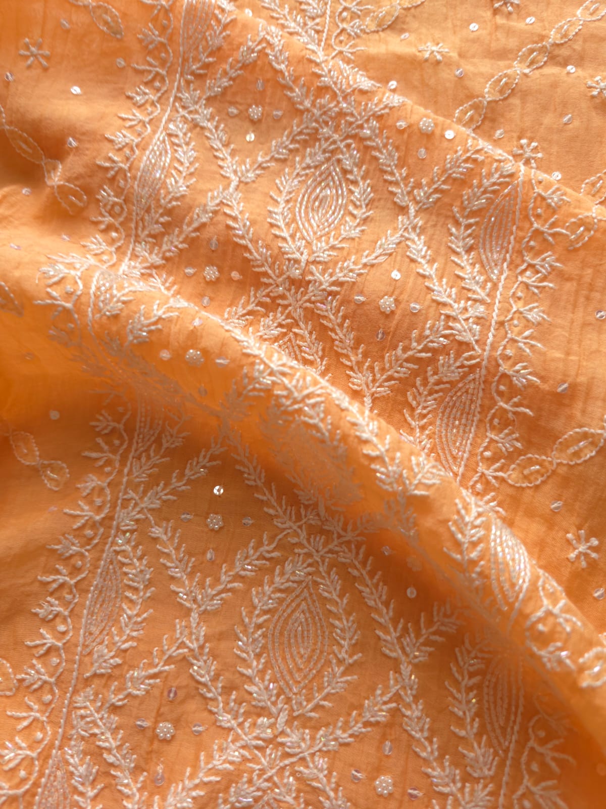 Light Orange Mul chanderi Semistitched set with Handwork