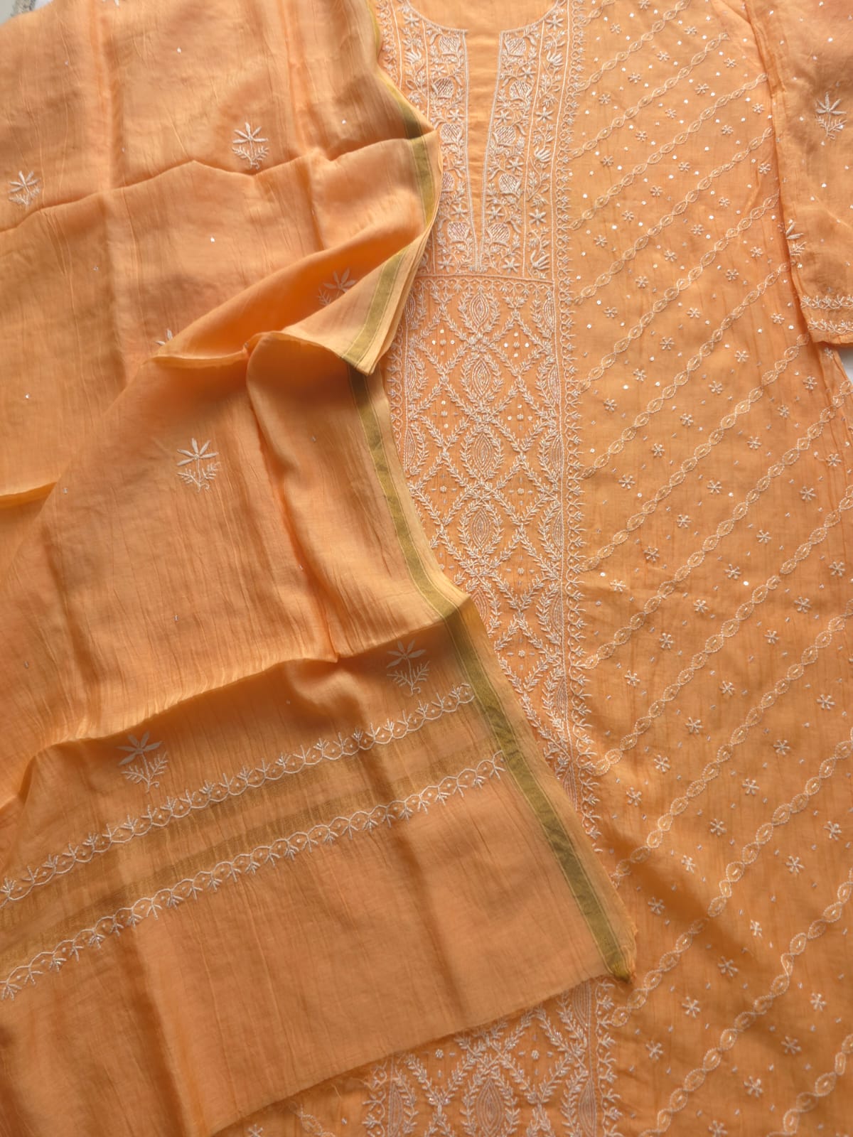 Light Orange Mul chanderi Semistitched set with Handwork