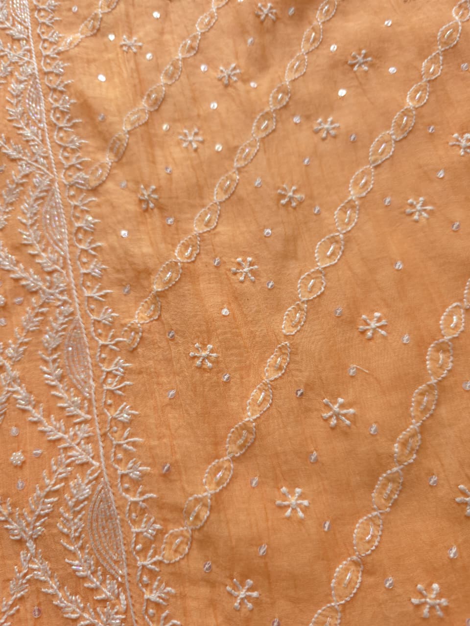 Light Orange Mul chanderi Semistitched set with Handwork