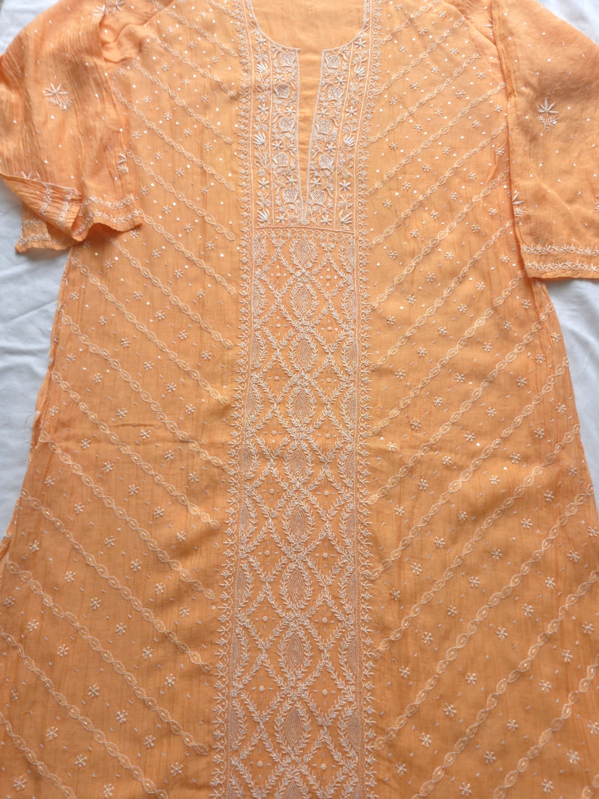 Light Orange Mul chanderi Semistitched set with Handwork