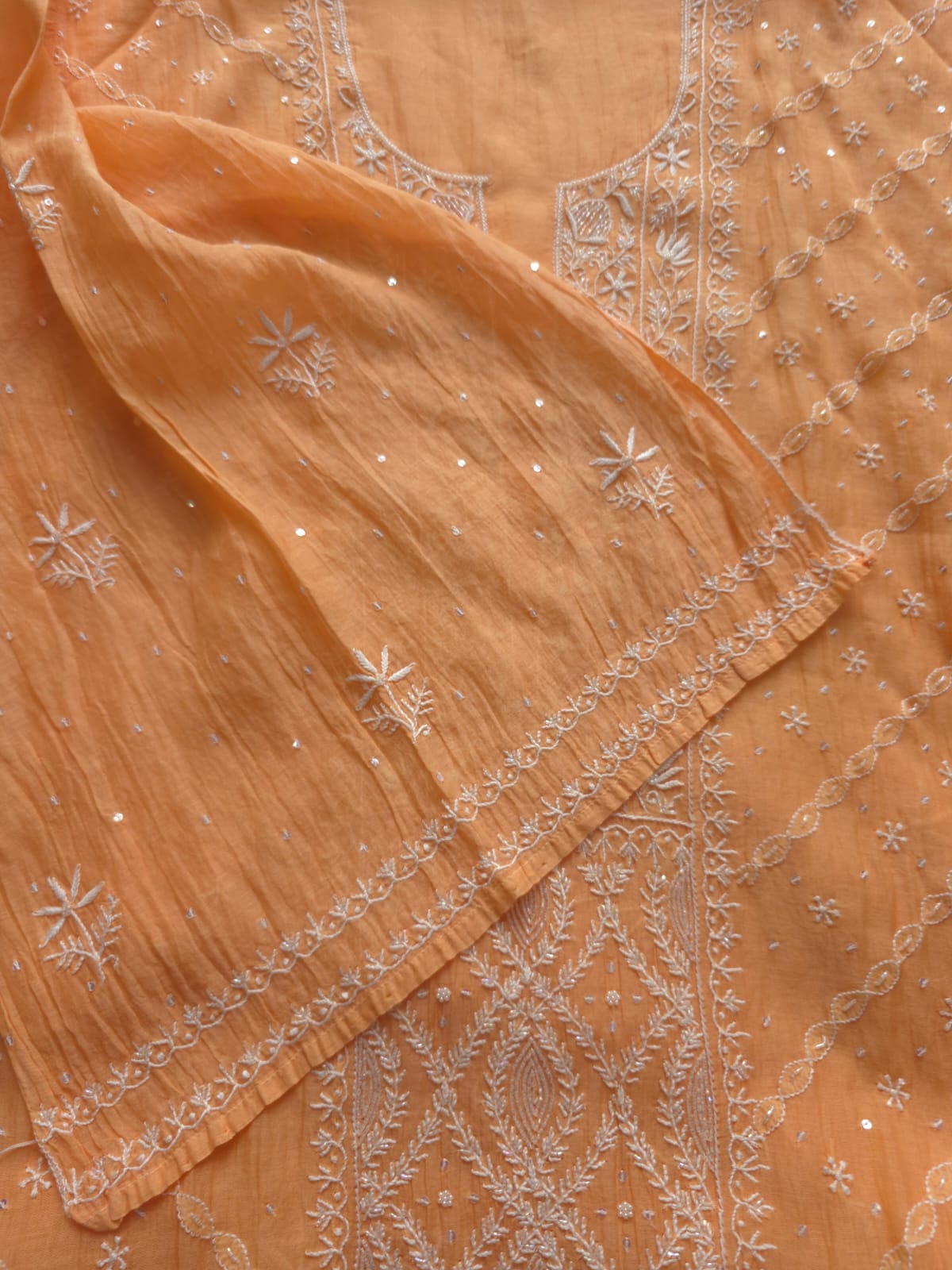 Light Orange Mul chanderi Semistitched set with Handwork