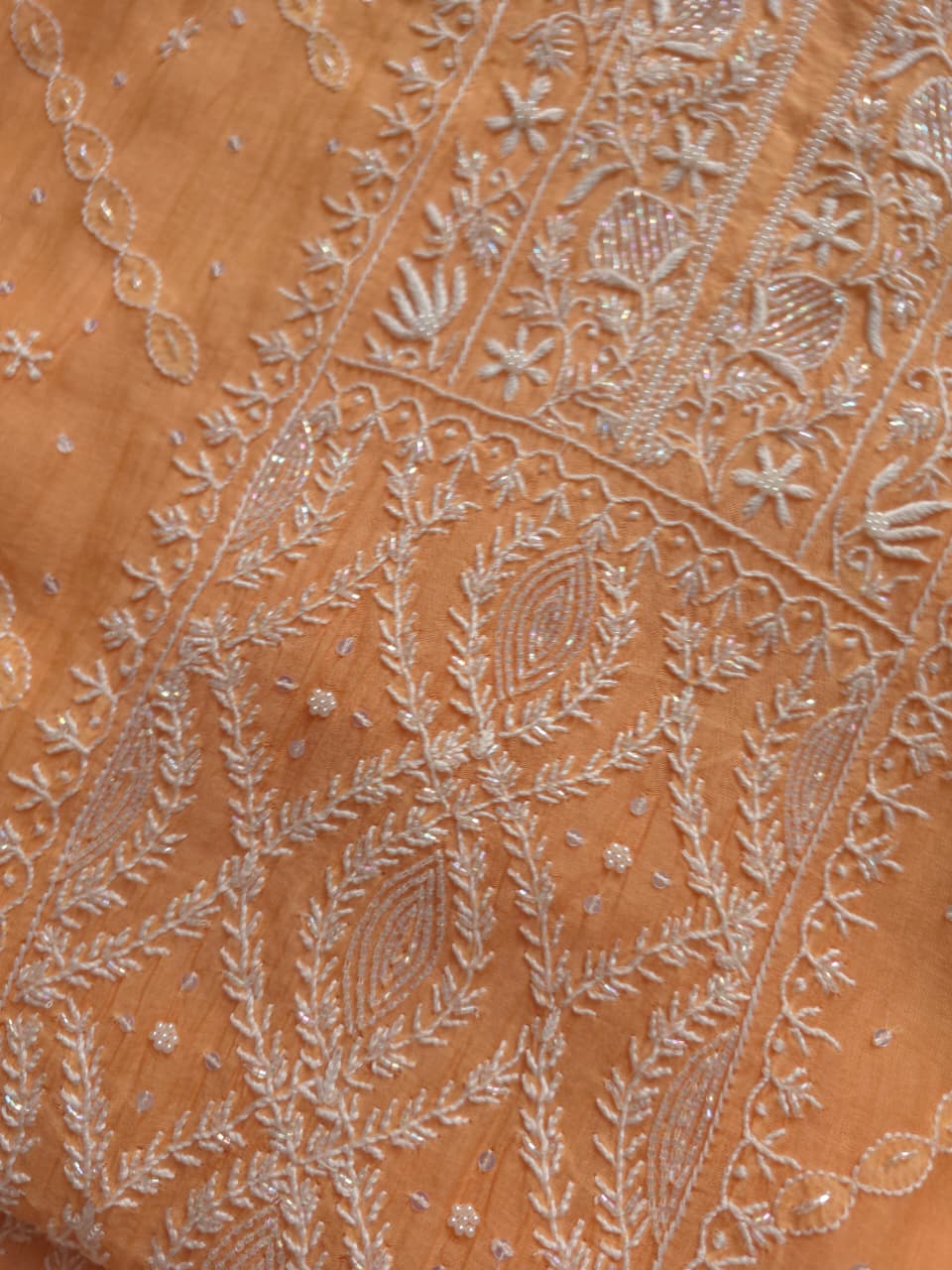 Light Orange Mul chanderi Semistitched set with Handwork