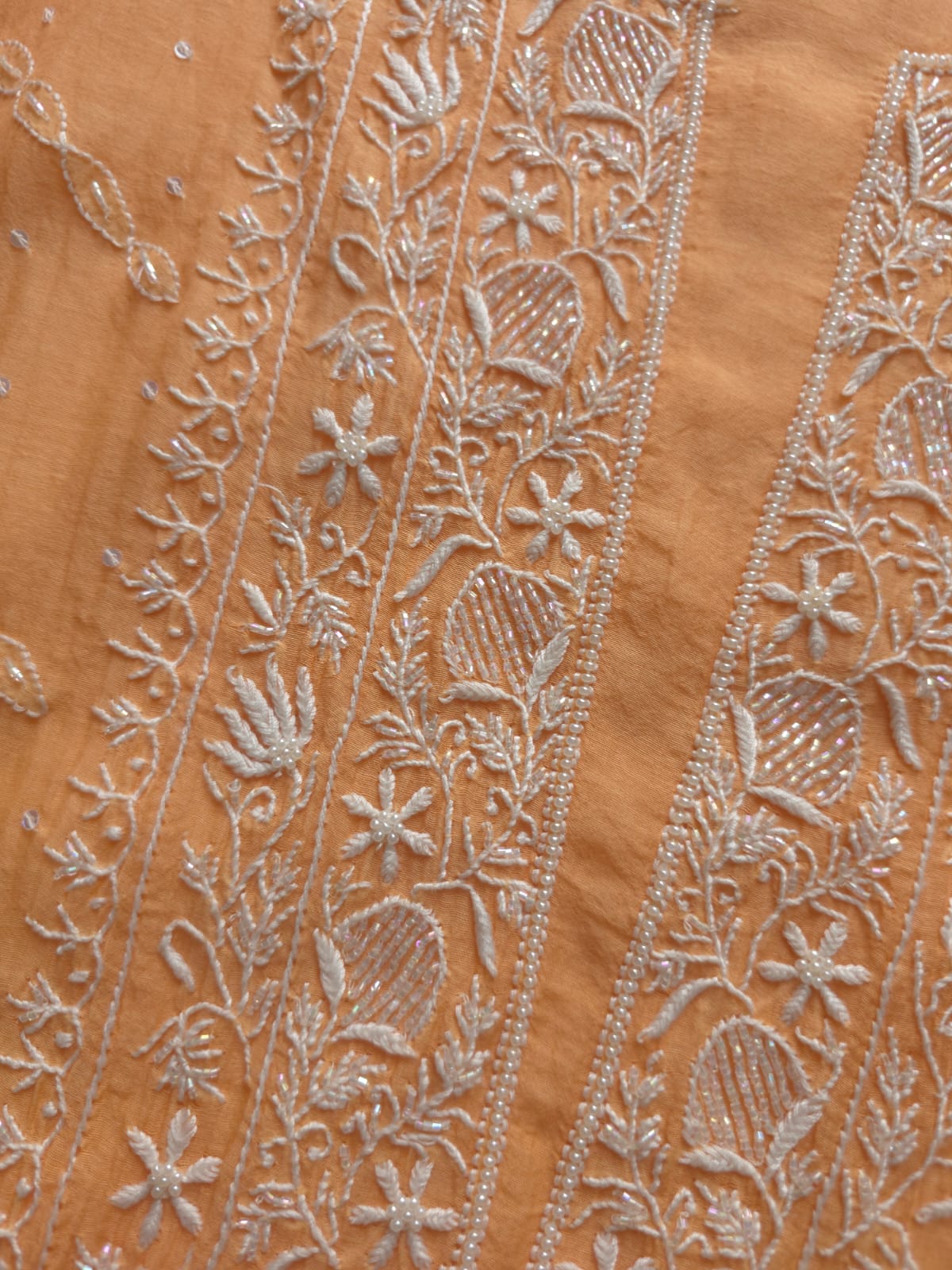 Light Orange Mul chanderi Semistitched set with Handwork
