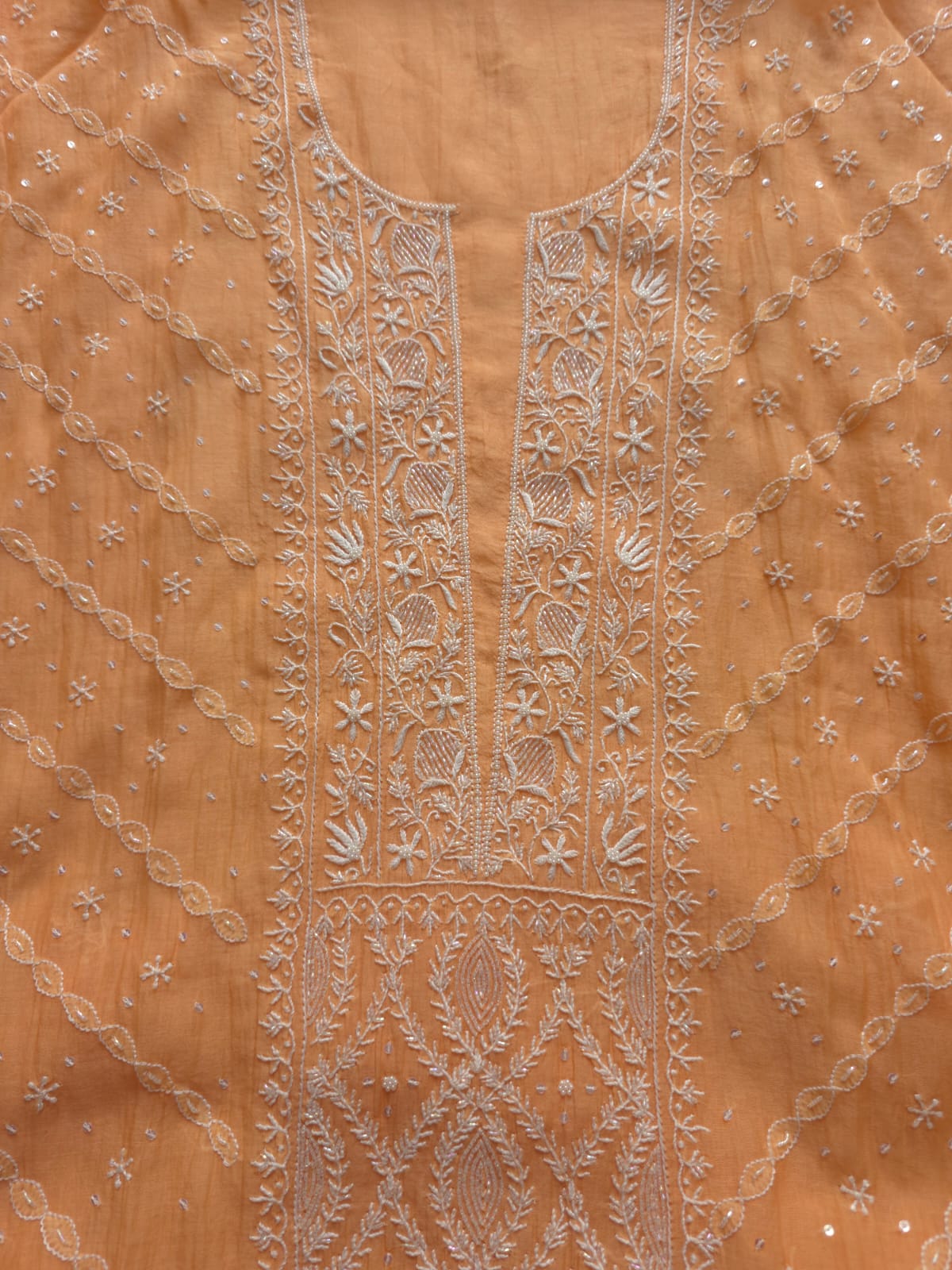 Light Orange Mul chanderi Semistitched set with Handwork