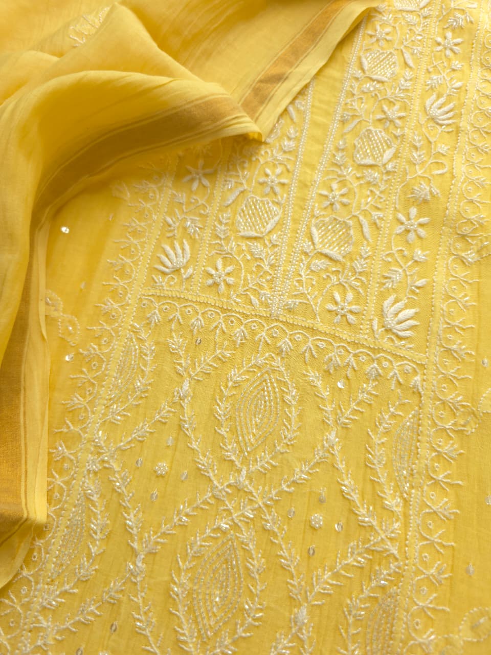 Light Yellow Mul chanderi Semistitched Kurta and dupatta set with Hand work