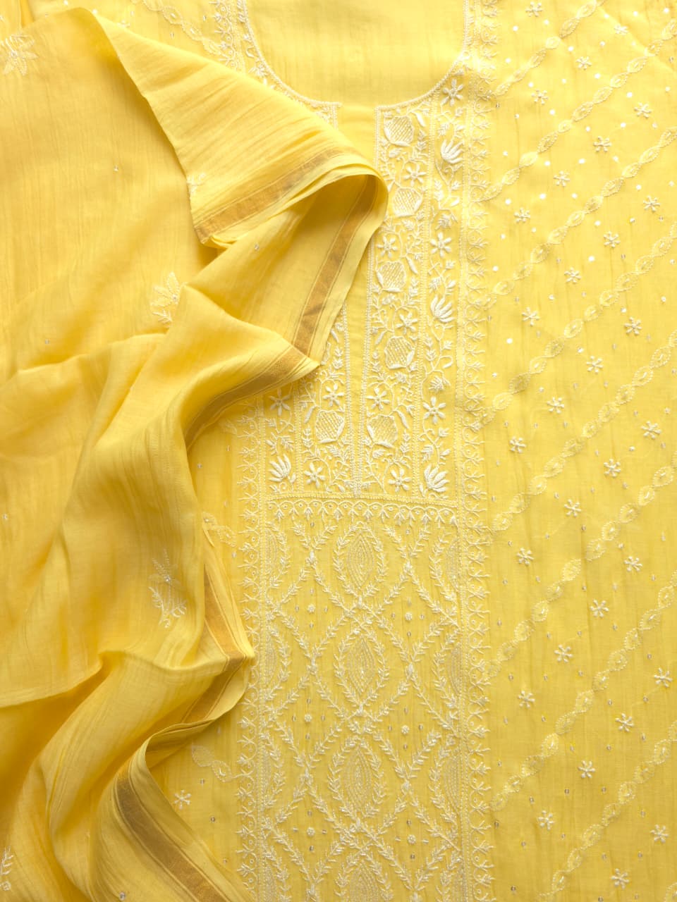 Light Yellow Mul chanderi Semistitched Kurta and dupatta set with Hand work