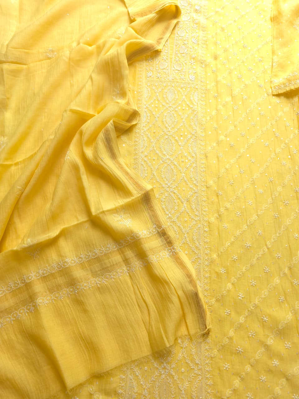 Light Yellow Mul chanderi Semistitched Kurta and dupatta set with Hand work