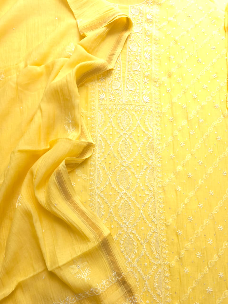 Light Yellow Mul chanderi Semistitched Kurta and dupatta set with Hand work
